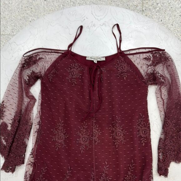 RAMONA LA RUE burgundy lace over chiffon off shoulder boho party dress S - Picture 7 of 9